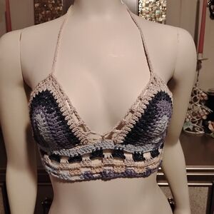 Handmade Crochet Bralette - Blue and Cream
